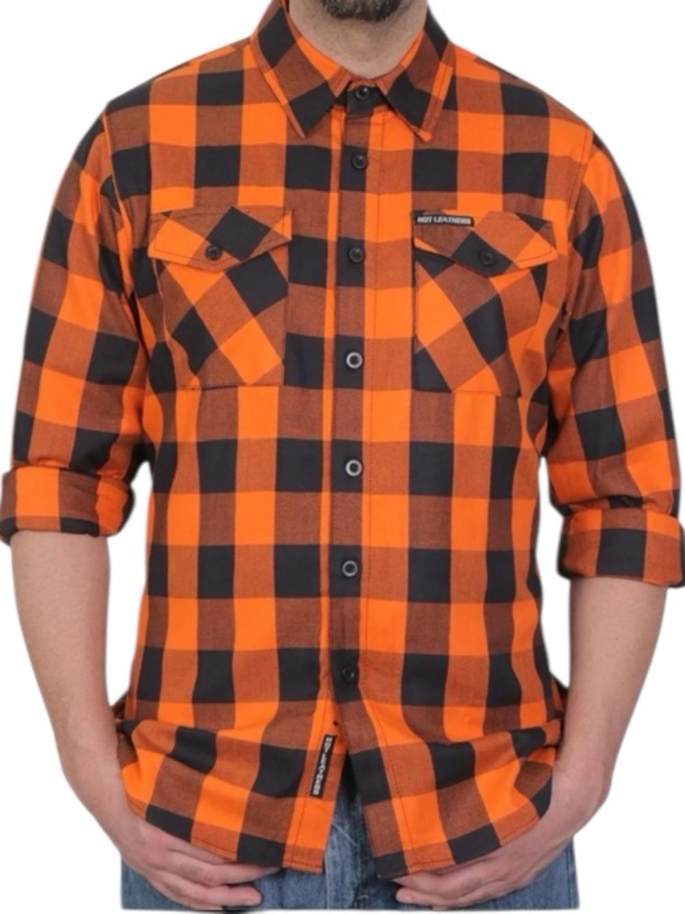 HOT LEATHERS Mens Orange and Black Long Sleeve Flannel Button Down Shirt